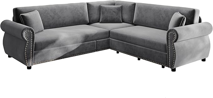 88 L Shaped Sectional Sleeper Sofa Couch with Pull Out Bed Oversized Chenille Convertible Sectional Couches with Nailhead Trim &amp Rolled Arm for Living Room Removable Sofa CoverLigt Grey