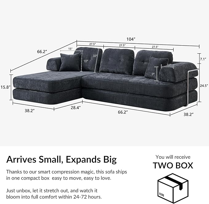 104 Modular Sofa Bed 8-in-1 Convertible Sectional Couch with High Resilience Sponge &amp Oversized 3 Cushions – Modern Boneless Design for Living Rooms &amp Apartments (Dark Gray 104'')