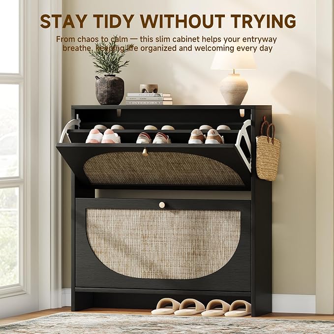 Nicetree Rattan Arched Accent Shoe Cabinet - Freestanding Ultra Slim for Entryway 2 Flip Drawers &amp 3-Tier Adjustable Shelves Farmhouse Modern Rustic Shoe Rack for Hallway Foyer Black