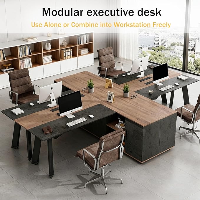 63 L Shaped Executive Desk Reversible Office Desk with Power Outlets Modern Computer Desk with lateral File Cabinet &amp Open Shelves  Wooden Business Furniture Desk for Office WorkHome Study