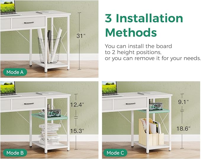 Coleshome Small Computer Desk with Drawers 40 Inch Reversible Home Office Desk with Storage Shelves Study Laptop Vanity Table for Bedroom Small Space White