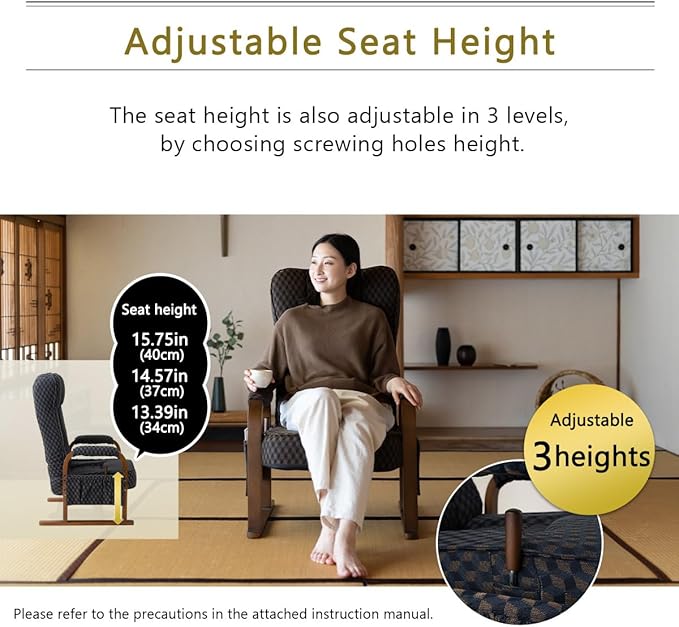 EMOOR Tatami Chair Japanese-Style Chair RYOKAN (Navy) Wooden Armrest &amp Sled Base Recliner Hight-Adjustable Upholstered Single Futon Sofa
