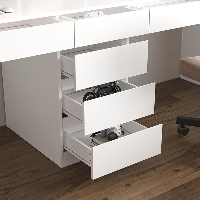 WOODTIME Large Two Person Computer Desk with Bookshelf Study Writing Gaming Table Workstation with 6 Drawers &amp 15 Shelves for Home Office White