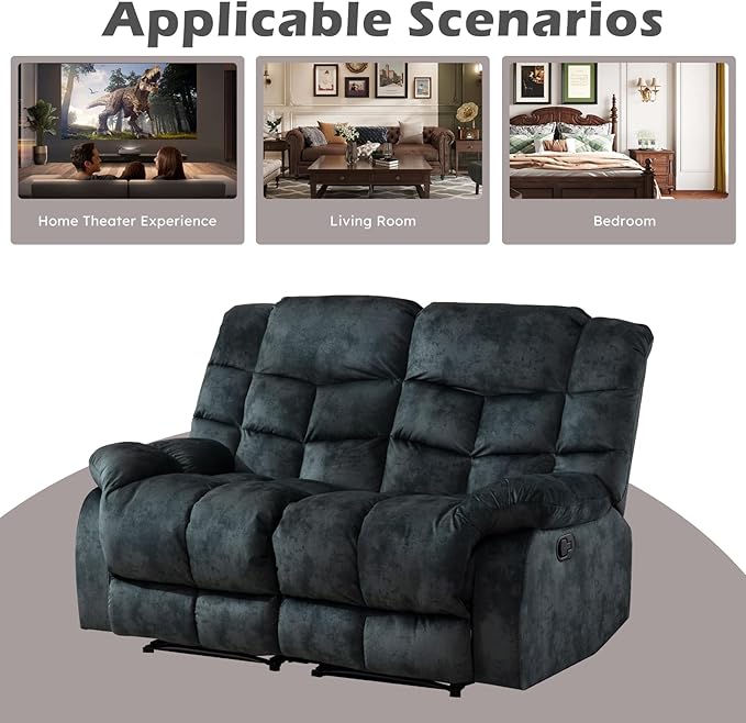 EBELLO Loveseat Recliner Sofa for Living Room Extra Wide Modern Overstuffed 2 Seat Reclining Manual Sofa Chair Breathable Fabric and Padded Cushion Green Grey