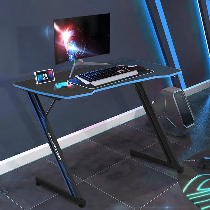 Large PC Gaming Desk 47 in Computer Desk with Headphone Hook Z-Shaped Gaming Table Home Office Desks Workstations for Small Places Carbon Fiber Surface Simple Installation Black