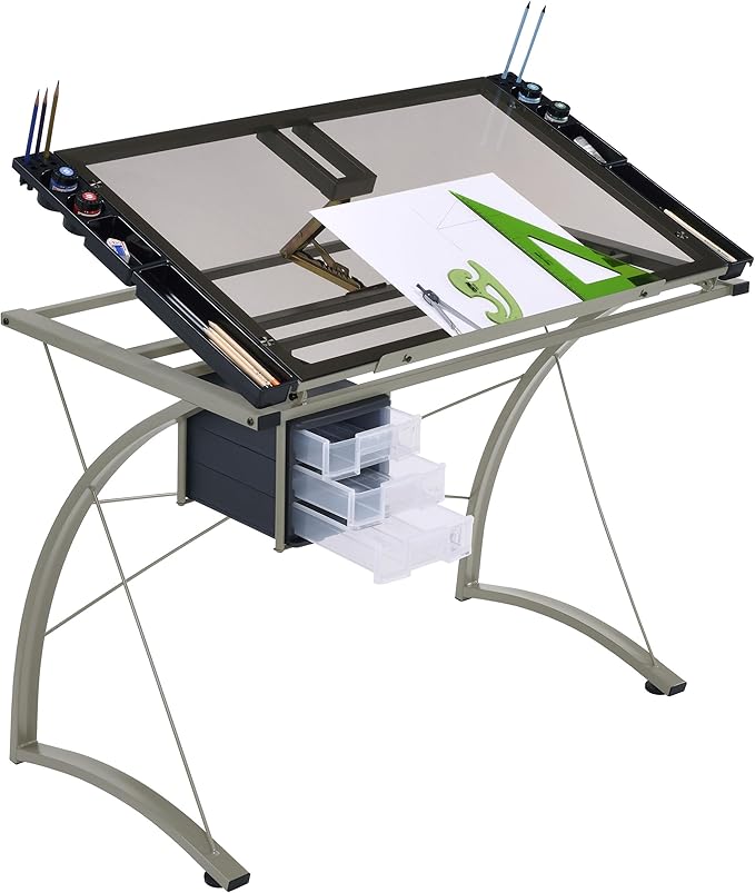 Coaster Home Furnishings - Melo - Metal and Glass - 41-Inch Drafting Table with Adjustable Pitch Three Drawers Retractable Pencil Ledge and Storage Compartments - Home Office - Silver - 800986