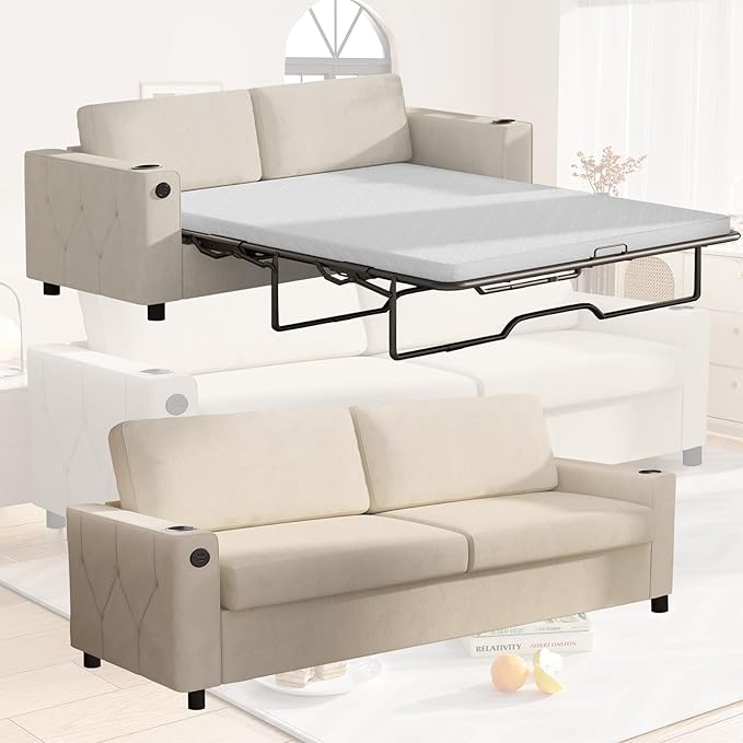 BALUS 2-in-1 Queen Size Pull Out Sofa Bed Velvet Convertible Sleeper Sofa Couch with Memory Foam Mattress Modern Pull Out Couch with 2 Cup Holders and USB Charging Ports for Living Room Beige