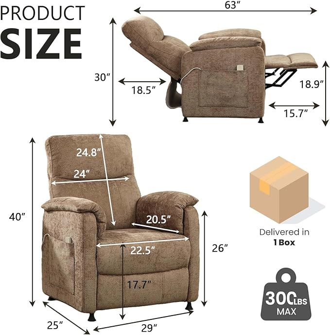 Small Electric Nursery Recliner Chairs for AdultsGrey Power Recliner Chairs with Remote &amp Side Pockets Fabric Reclining Chair for Living Room Bedroom Ofiice Comfort &amp Space-Saving (Brown)