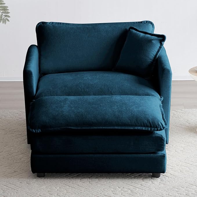 KIVENJAJA 41.4”W Oversized Sofa Chair with Ottoman Modern Chenille Deep Seat Single Couch Armchair Comfy Chaise Lounge Indoor with Pillow for Living Room Bedroom Apartment Blue