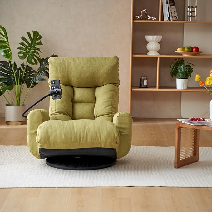 Gwen Upholstered 360° Swivel Chair Lounge Chair with Adjustable Backrest/Headrest Metal Frame Living Room Lounge Sofa and Phone Holder Comfy Bean Bag Chair Green