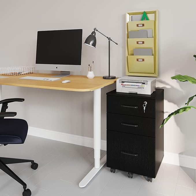 3 Drawers Wooden Locking File Cabinet with Storage Removable File Cabinet for Home OfficeUnder Desk Filing Cabinets(Black)