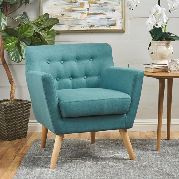 ChairArmchair ReclinerModern Club Chair Upholstered Fabric Accent Chair with Button-Tufted Backrest and Tapered Birch Wood Legs Ideal for Living Room (Teal + Fabric)