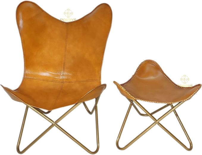 Handmade Brown Leather Butterfly Chair with Ottoman - Powder Coated Iron Frame Foldable Chiar Stool for Outdoor Indoor