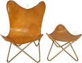 Handmade Brown Leather Butterfly Chair with Ottoman - Powder Coated Iron Frame Foldable Chiar Stool for Outdoor Indoor