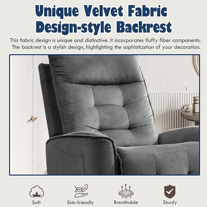 Manual Rocker Recliner Chair Nursery Glider Chair for Adult with High Back&ampDeep Seat Swivel Rocking Recliner Chair for Living Room Bedroom RV Nursing Grey