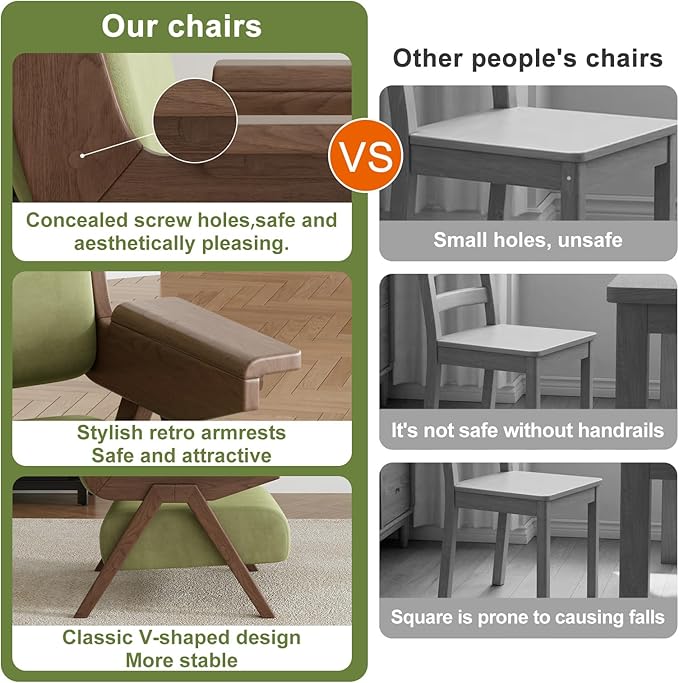 Accent Chair Set of 2 Mid Century Modern Chair Velvet Upholstered Lounge Arm Chair with Solid Wood Cozy Seating for Living Room Bedroom Balcony (Green)