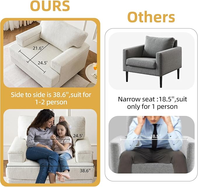 Oversized Accent Chair with Armrest OrganizerComfy Living Room Chairs with Thick CushionUpholstered Linen Fabric ArmchairBig Reading ChairSofa Chair for Bedroom
