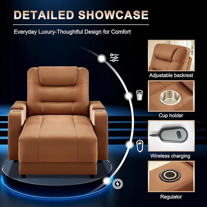 Power Recliner Chair with Cup Holder Comfy Reading Chair for Bedroom Oversized Recliner for Living RoomApartment (Faux Leather Brown)