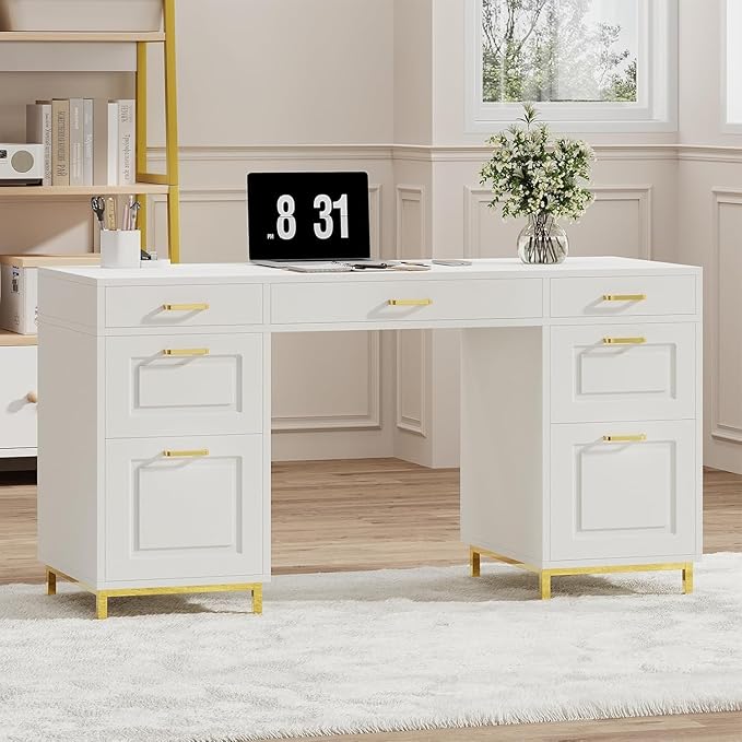 White Desk with 7 Drawers 57 Executive Desk with Storage White and Gold Desk for Bedroom Makeup Vanity Desk with Golden Handle