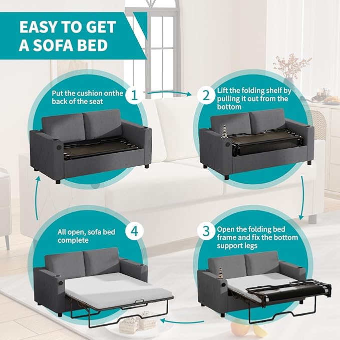 BALUS Pull Out Sofa Bed Full Size Sleeper Sofa with Inbuilt Cup Holder &amp USB Ports 2-in-1 Convertible Pullout Couch with Memory Foam Mattress for Living Room Home Office Dark Grey