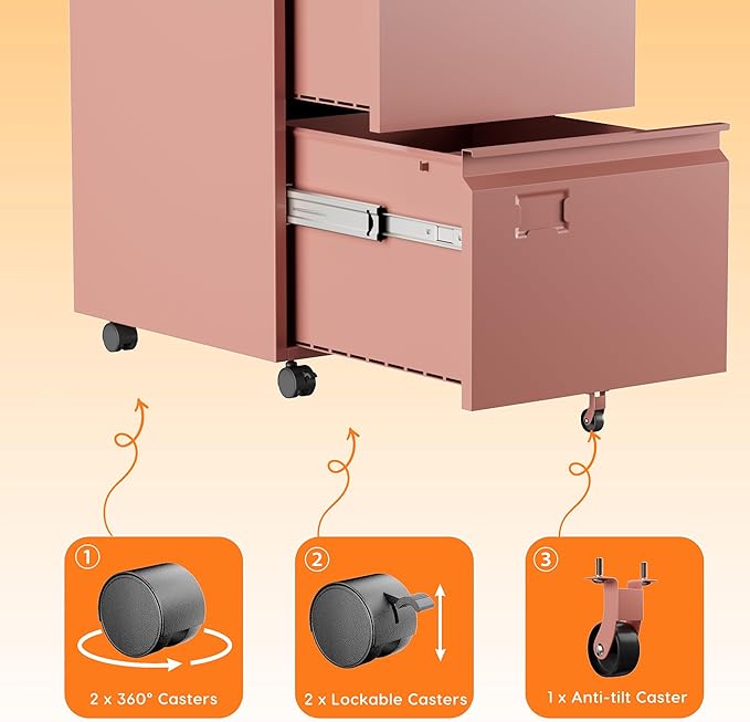 SUXXAN 2 Drawer Mobile File Cabinet with Lock Under Desk Metal Filing Cabinet for Office HomeVertical Cabinet Legal/Letter Size Need to Assembled (Pink)