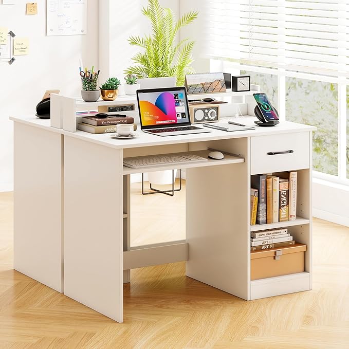 Computer Desk with Drawers Study Table with Storage Shelves Keyboard Tray Power Outlet Wood Makeup Vanity Table Small Desk for Bedroom Study Living Room Home Office (White 35''H)
