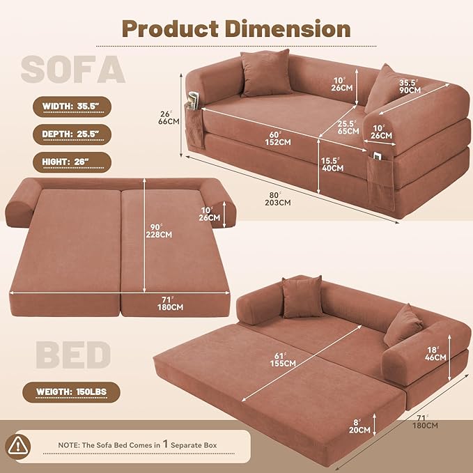 Convertible Futon Sofa Bed80 Folding Pull Out Couch Bed with StorageQueen Sleeper Sofa BedCompressed Couch in a BoxCorduroy Boneless Couches for Living RoomPink
