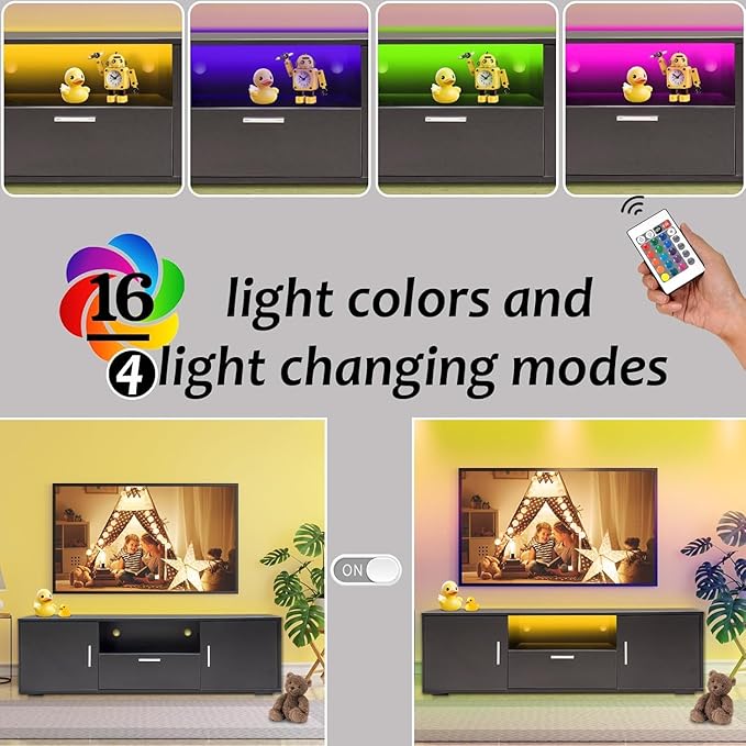 Modern TV Stand for 55 Inch TV – Black Entertainment Center with LED Lights &amp Spacious Storage Cabinets Sturdy Media Console for Family Living Room or Bedroom