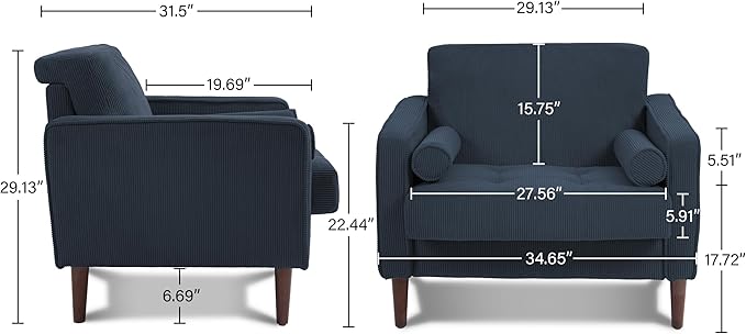 Lumibee Corduroy Accent Chairs Set of 2 Modern Upholstered ArmChairs with Large Seat for Living Room Comfy Single Reading Sofa Chairs for Bedroom-Navy Blue