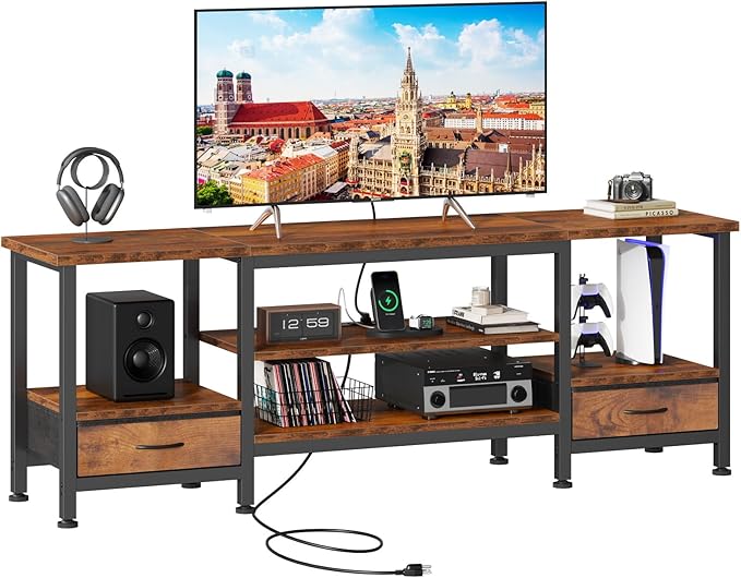 Sweetcrispy Entertainment Center with Stoage Wood TV Stand with Drawers for 75 Inch+ TVS Television Stands for Living Room Media Console with Charging Station Drawers Shelf Sturdy Frame 63'' Rustic