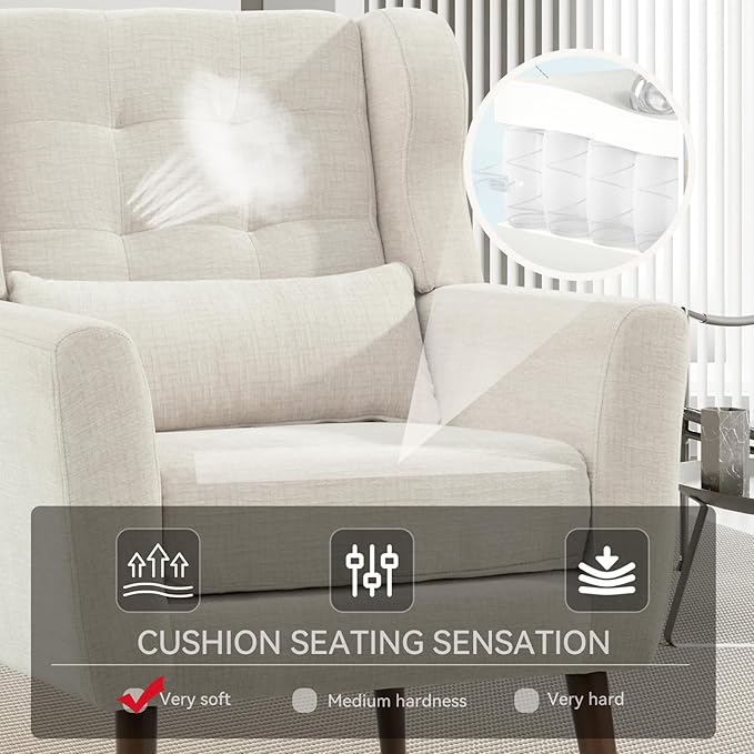 Modern Accent Chair Upholstered Armchair with Pillow Fabric Single Sofa Chair with Lounge Seat and Wood Legs Accent Chair for Living Room Bedroom Small Spaces (Beige Set of 2)