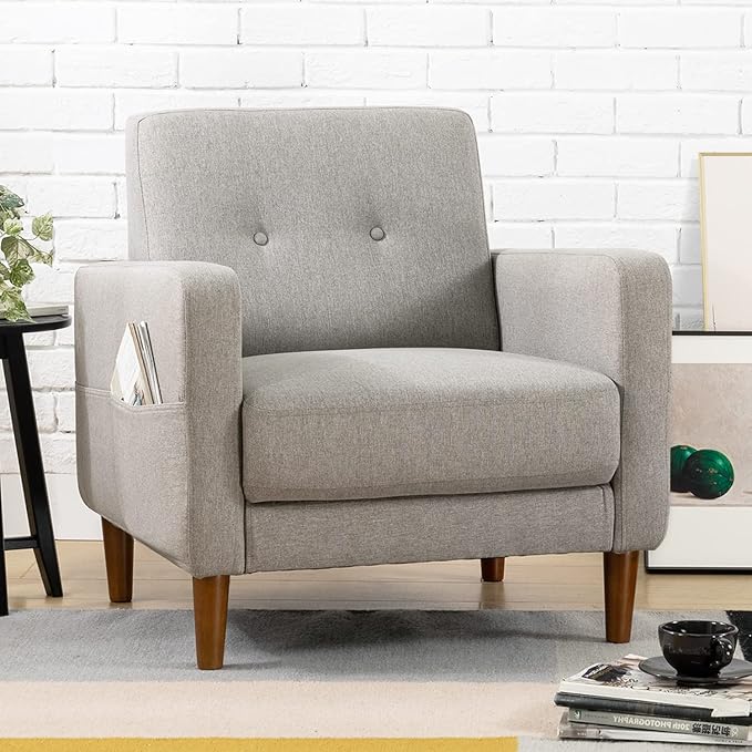 Mellow ADAIR Mid-Century Modern Armchair with Armrest Pockets Tufted Linen Fabric Light Grey
