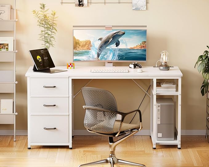 AODK 51 Inch Computer Desk with Drawers &amp USB Power Outlets - Reversible Home Office Desk with Storage Shelves Work from Home Modern Work/Writing/Study Table for Bedroom White