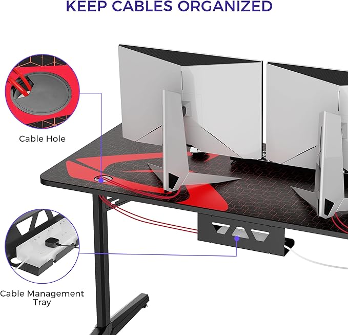 EUREKA ERGONOMIC Gaming Desk 60 inch Computer Desk with Full Mouse Pad Large Gaming Table for 3 MonitorsUSB Handle Rack Cup Holder Headphone Hook Carbon Fiber Black