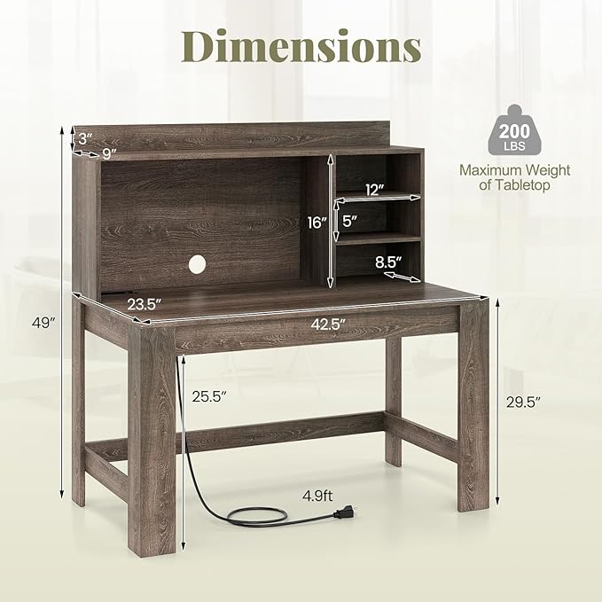 Giantex Computer Desk with Hutch Modern Home Office Desk with Power Outlets Storage Shelves &amp Cable Hole Makeup Vanity Table Study Writing Desk for Bedroom Office Small Space (Grey Oak)