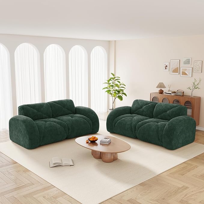 2 Piece Couch Sets for Living Room Soft Velvet Couch and Loveseat Sets with Tufted Design Modern Boneless Sofa with Deep Seat 32D High Density Sponge Bottom No Assembly Required Green