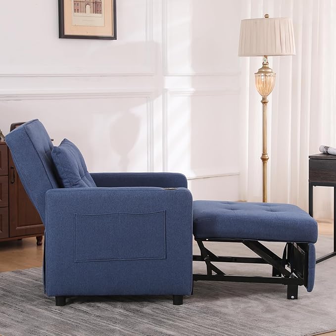 3-in-1 Convertible Futon Sofa Bed Chair Velvet Button Tufted Upholstered Pull Out Sleeper Chair with Adjustable Backrest&amp USB Ports Modern Lounge Armchair for Living Room Bedroom Apartment(Blu