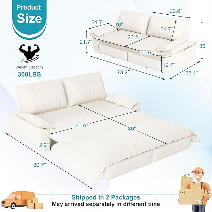 73.2 Inch Queen Size Sleeper Sofa Bed 3 in 1 Convertible Pull Out Couch Velvet Loveseat Sofa Couch Bed with Pillow for Apartment Bedroom Living Room Beige