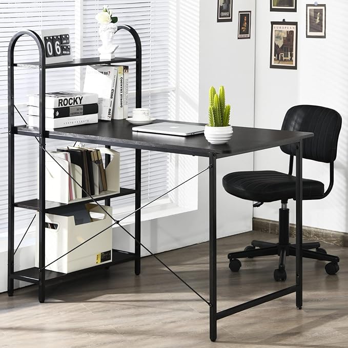 Tangkula 48-Inch Reversible Computer Desk with Storage Shelves Home Office Study Writing Desk with Bookshelves Writing Computer Workstation Home Office Desk (Black)