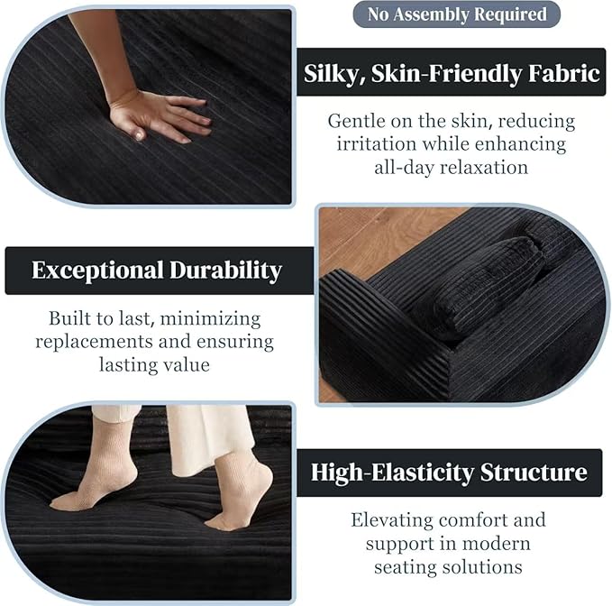 Cloud Sofa Couch in a Box Small Boneless Couch for Living Room Compressed Cloud Boneless Sofa with Memory Foam Modern Corduroy Loveseat 3 Seater Black