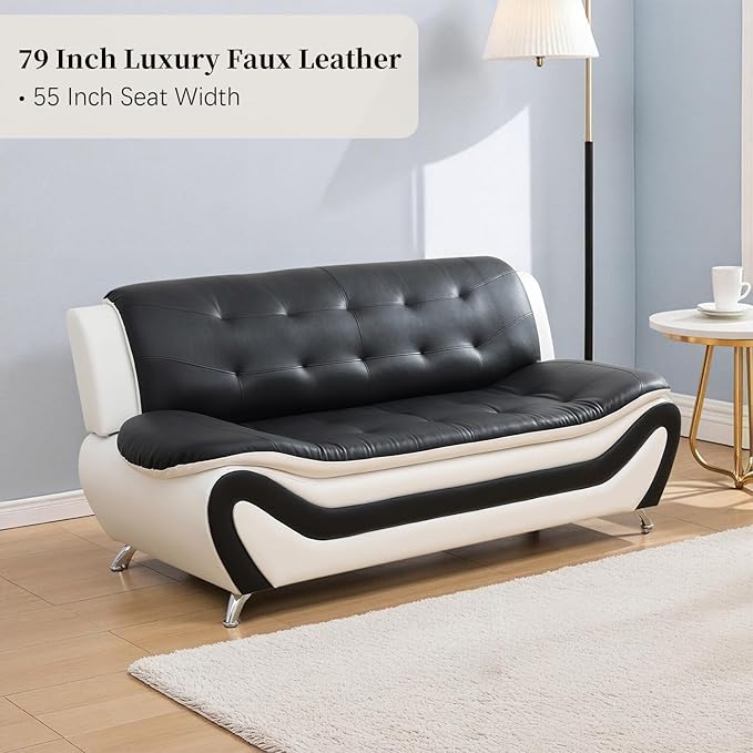 Modern Sofa Set Black Faux Leather 3 Seater Sofa 2 Seater Loveseat Single Chair Button Tufted Seat Cushion Sectional Couches Living Room Furniture Sets 3 Pieces