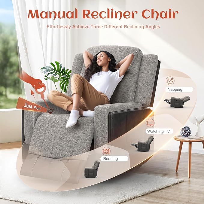 Oversize Manual Recliner Chair for Adults Extra Wide Single Reclining Sofa Chair with Ergonomic FSC Certified Grey Linen-Blend &amp Chocolate Leather Scandinavian Chic for Living Room RV