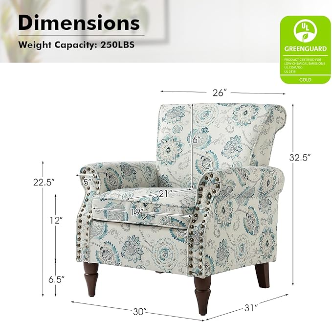 Wingback Accent Chair with Wood Legs Modern Comfy Upholstered Armchair with Removable Cushion and Nailhead Trim Floral Pattern Single Sofa Reading Chair for Living Room Bedroom