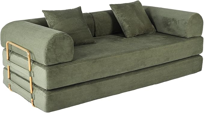 Foldable Sofa Bed 75 Inch Boneless Couch Convertible Memory Foam Sleeper Sofabed Floor Mattress with 2 Pillows Microfiber Cloud Sofa for Living Room Apartment No Assembly (Green)