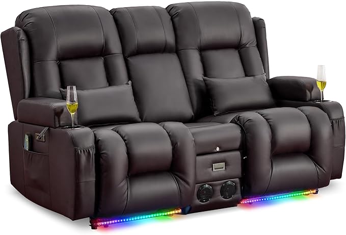 URRED Power Reclining Loveseat Sofa with Console RV Couch Loveseat Recliner Sofa with Massage &amp Heat LED Light Cupholders Bluetooth Speakers USB Charge Ports Outlets Faux Leather Dark Brow