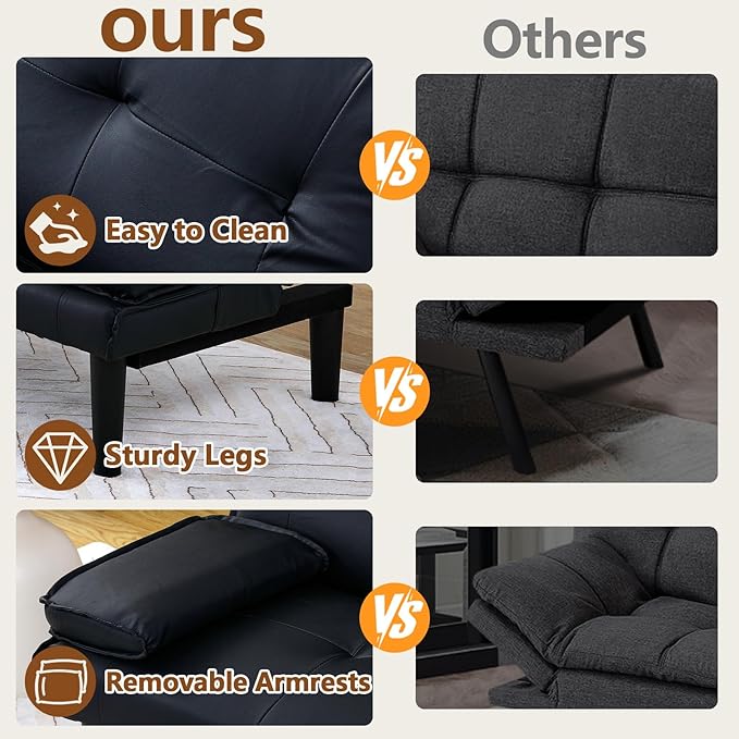 67” Futon Sofa Bed with Pillows Modern Convertible Futon Couch with 2 Cup Holders &amp Removable Armrests for Small Spaces Living Room Solid Wood Frame (Black-PU Leather)