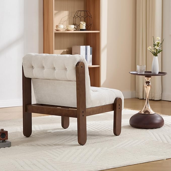 HEAH-YO Accent Chair Set of 1Modern Vintage Living Room Chair for Bedroom with Button Tufted Back and Wood LegsUpholstered Comfy Reading Chair for Makeup Vanity CafeChenille Beige