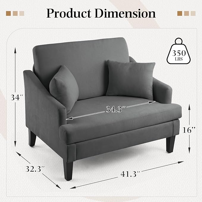 Bezseller Oversized Accent Chair 41'' Wide Seat Modern Single Sofa Chair with 2 Pillows Upholstered Comfy Armchair Big Reading Chair for Living Room Bedroom Office Dark Grey