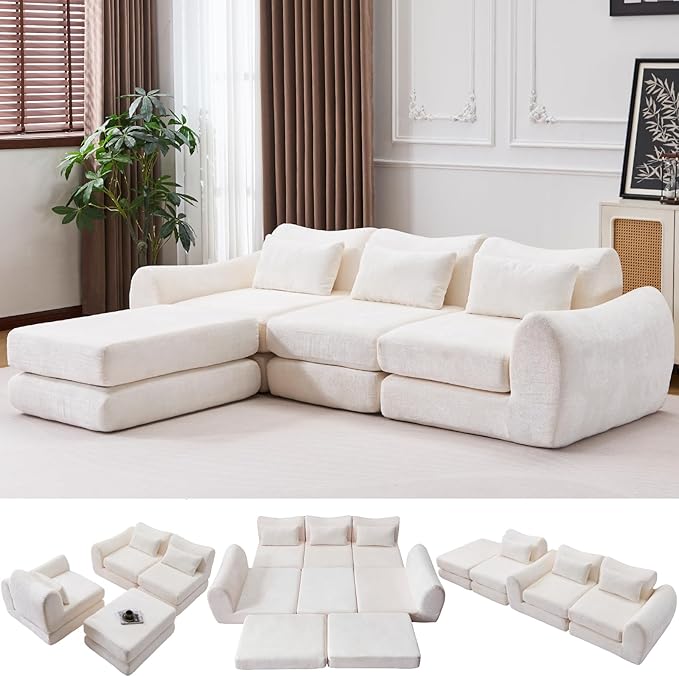 105” Modular Sectional Sofa Convertible Sofa BedTransforms into Single or Double Sofa Chenille Fabric Cloud SofaModern Soft Boneless Comfort No Assembly Required White