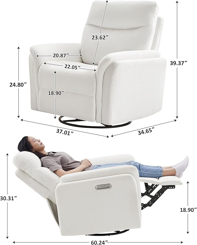 VANOMi Power Recliner Chair Swivel Glider Electric Rocking Recliner Chairs with USB and Type-C Ports Nursery Chair Recliner for Living Room Bedroom Apartment（White）